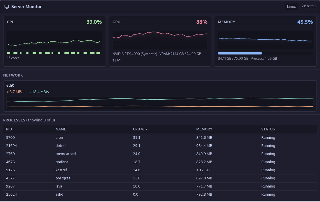 IsabyteServerMonitor — live CPU, GPU, memory, network and process metrics